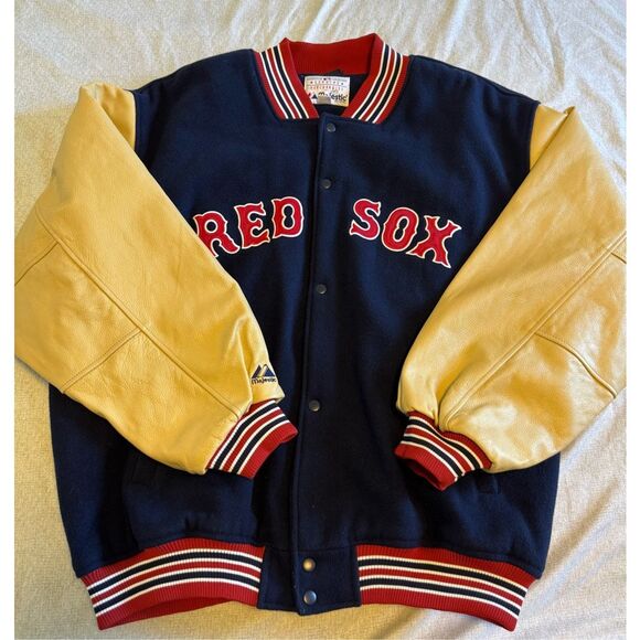 Boston Red Sox Size 3XL Men Letterman Jacket Tan Blue Red Majestic Vintage - Picture 1 of 9